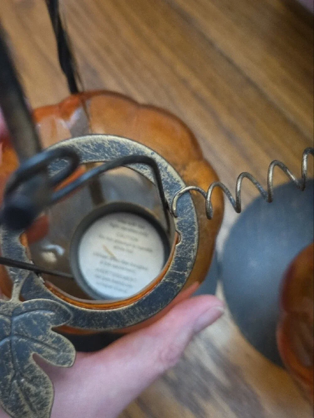 Pier 1 Amber Glass Pumpkin Tea Light Holders with Black Leaf Stands, Pair